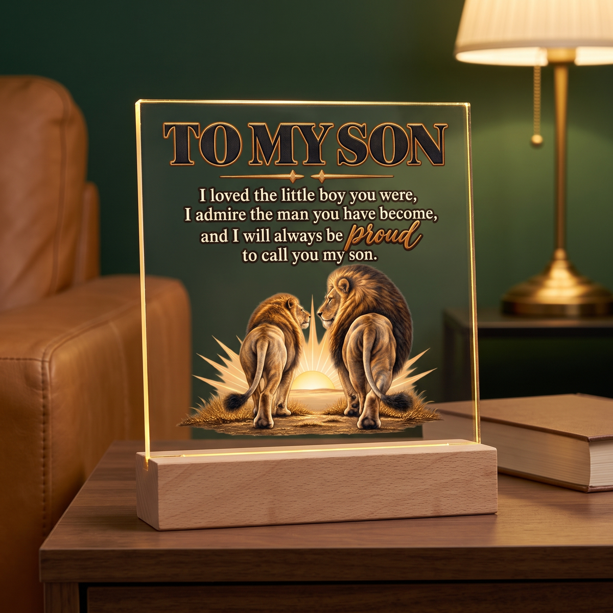 Lion Father and Son Plaque, Proud Mom Gift for Son, Inspirational Family Keepsake, Acrylic LED Memorial Decor, Meaningful Son Gift