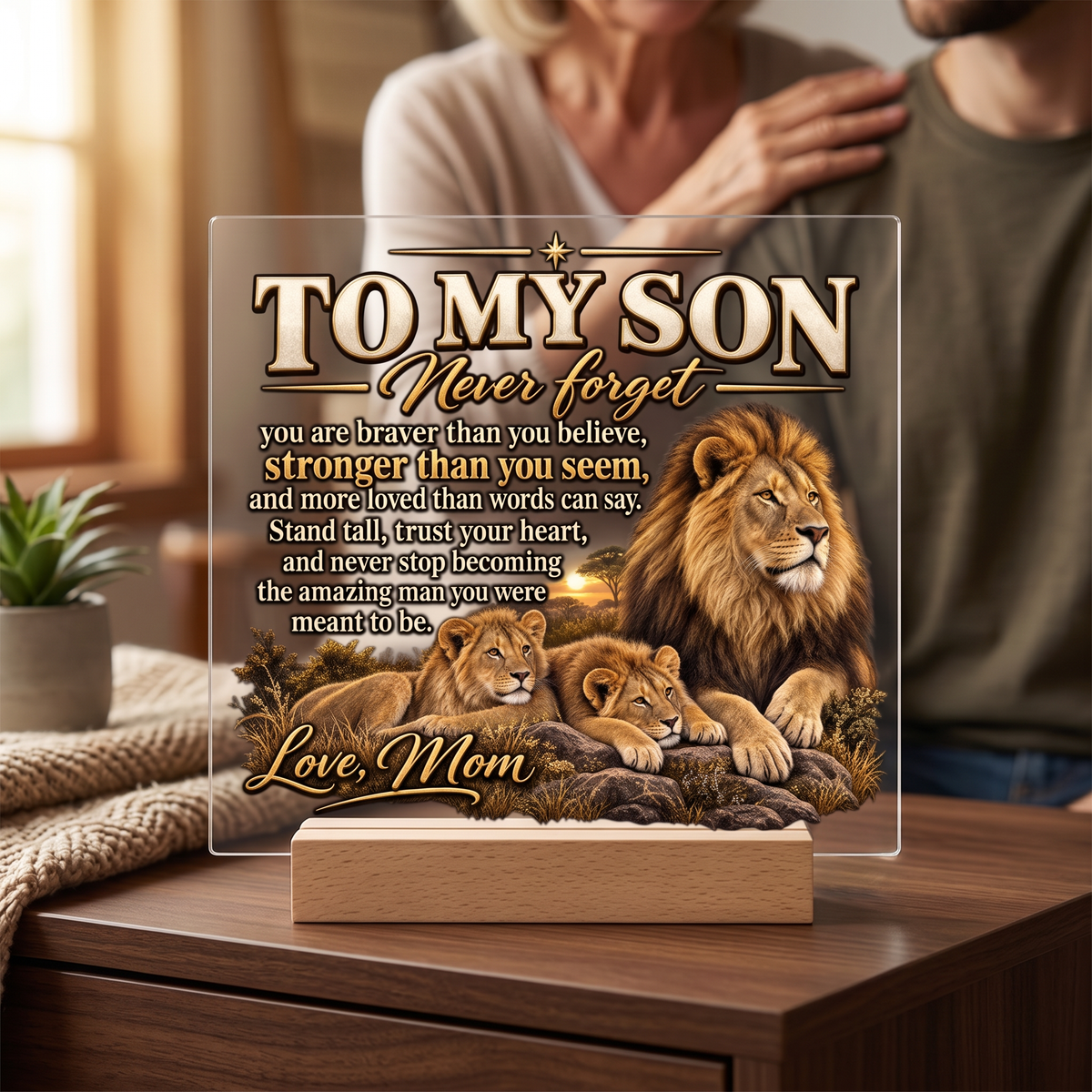 To My Son Lion Family Acrylic Plaque From Mom, Inspirational Son Gift, LED Light Up Decor, Meaningful Mother Son Keepsake, Dad? No