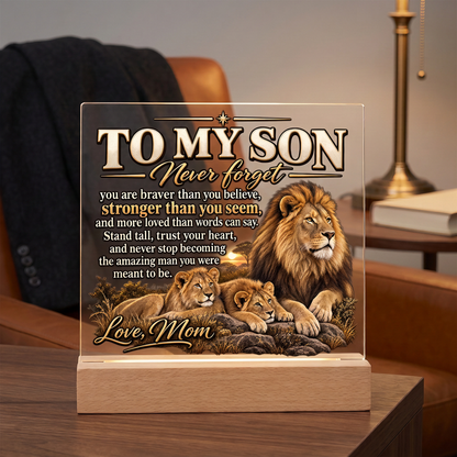 To My Son Lion Family Acrylic Plaque From Mom, Inspirational Son Gift, LED Light Up Decor, Meaningful Mother Son Keepsake, Dad? No