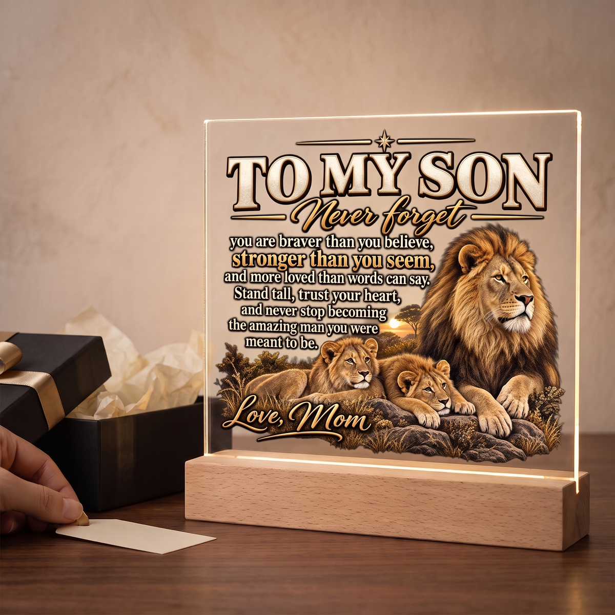 To My Son Lion Family Acrylic Plaque From Mom, Inspirational Son Gift, LED Light Up Decor, Meaningful Mother Son Keepsake, Dad? No