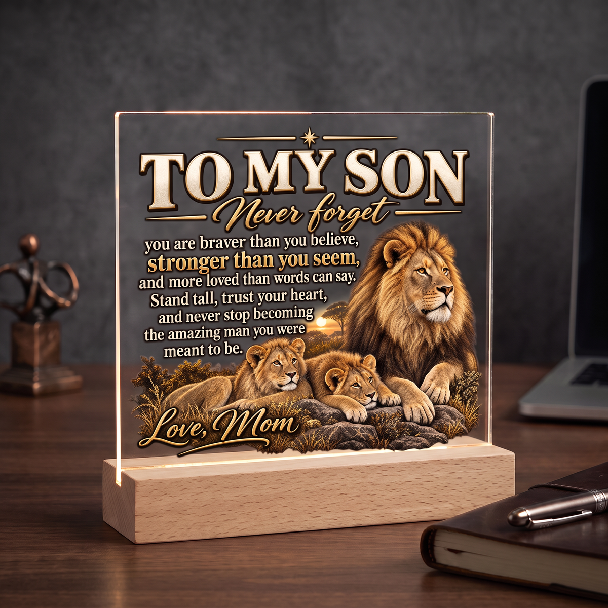 To My Son Lion Family Acrylic Plaque From Mom, Inspirational Son Gift, LED Light Up Decor, Meaningful Mother Son Keepsake, Dad? No