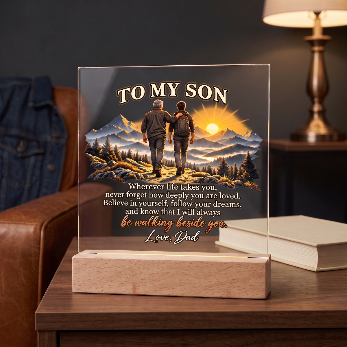 To My Son Acrylic Plaque, Dad to Son Gift, Inspirational Mountain Decor, Son Birthday Gift, LED Memorial Keepsake for Home or Office