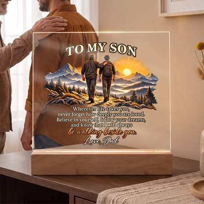 To My Son Acrylic Plaque, Dad to Son Gift, Inspirational Mountain Decor, Son Birthday Gift, LED Memorial Keepsake for Home or Office