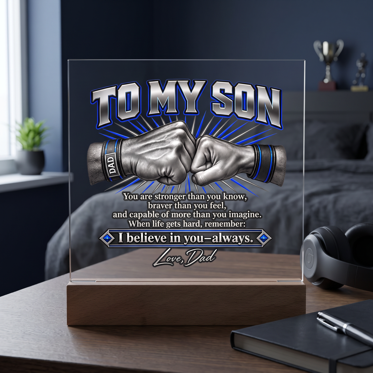 Son Acrylic Plaque, I Believe in You Always Gift, Inspirational Son Keepsake, LED Square Sign for Son's Office or Home Decor