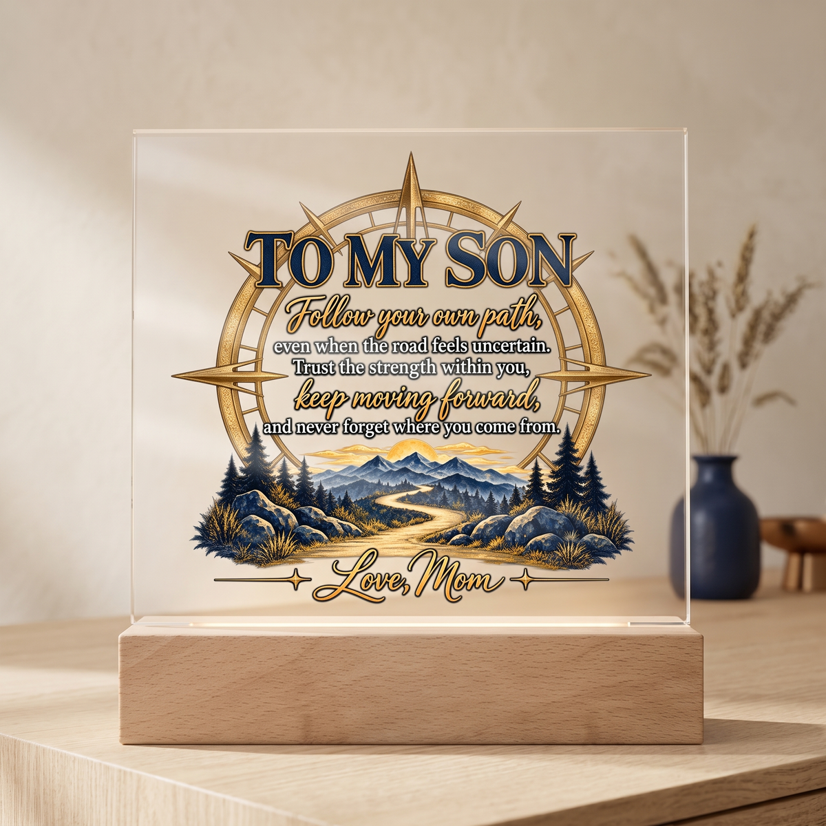 To My Son Compass Plaque, Inspirational Mom to Son Gift, Follow Your Own Path Acrylic Square Plaque, Encouragement Keepsake for Son