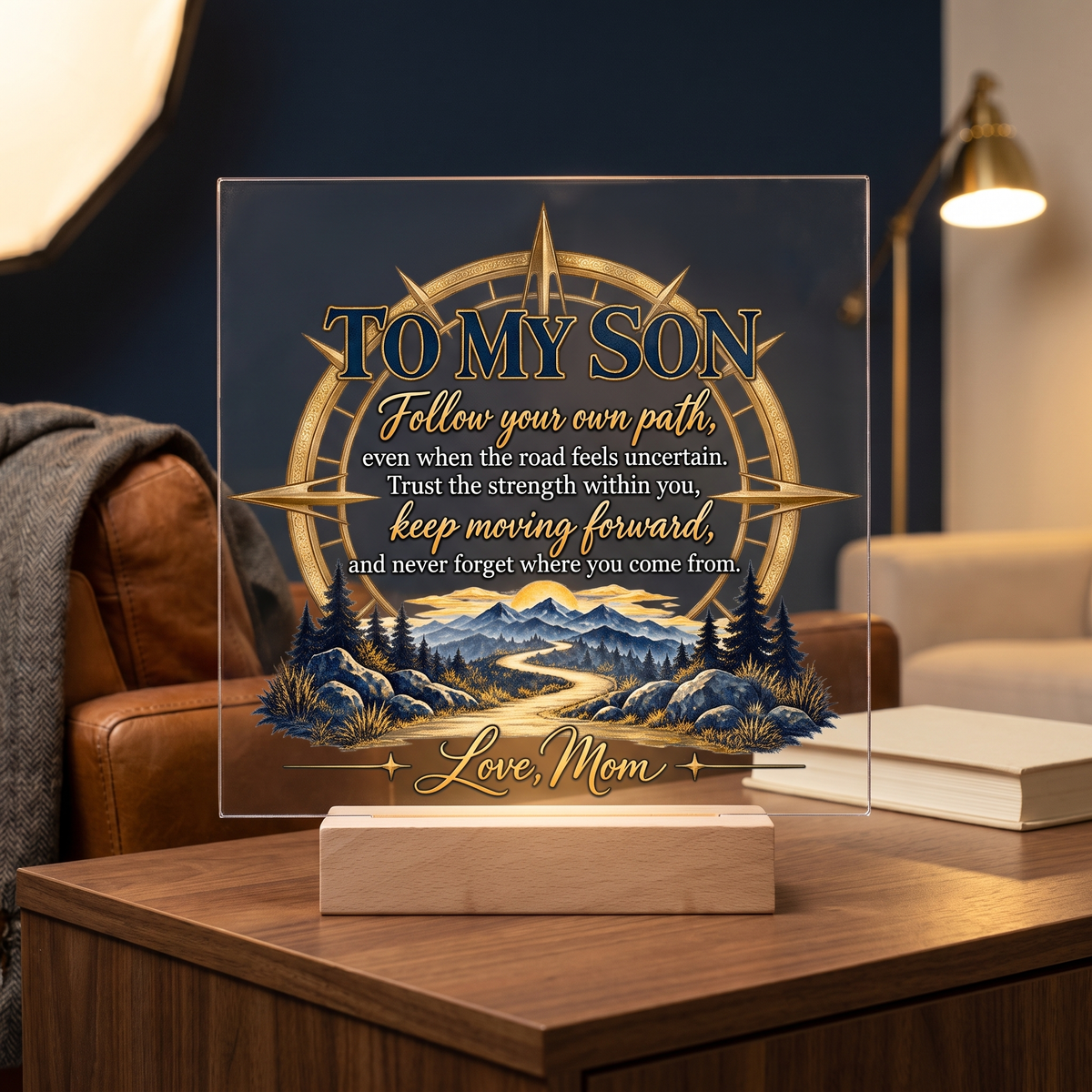 To My Son Compass Plaque, Inspirational Mom to Son Gift, Follow Your Own Path Acrylic Square Plaque, Encouragement Keepsake for Son