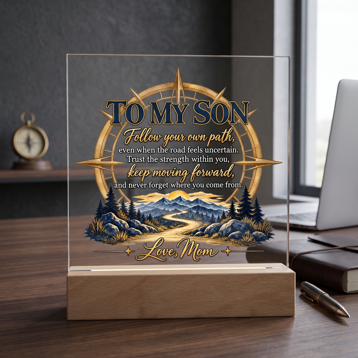 To My Son Compass Plaque, Inspirational Mom to Son Gift, Follow Your Own Path Acrylic Square Plaque, Encouragement Keepsake for Son