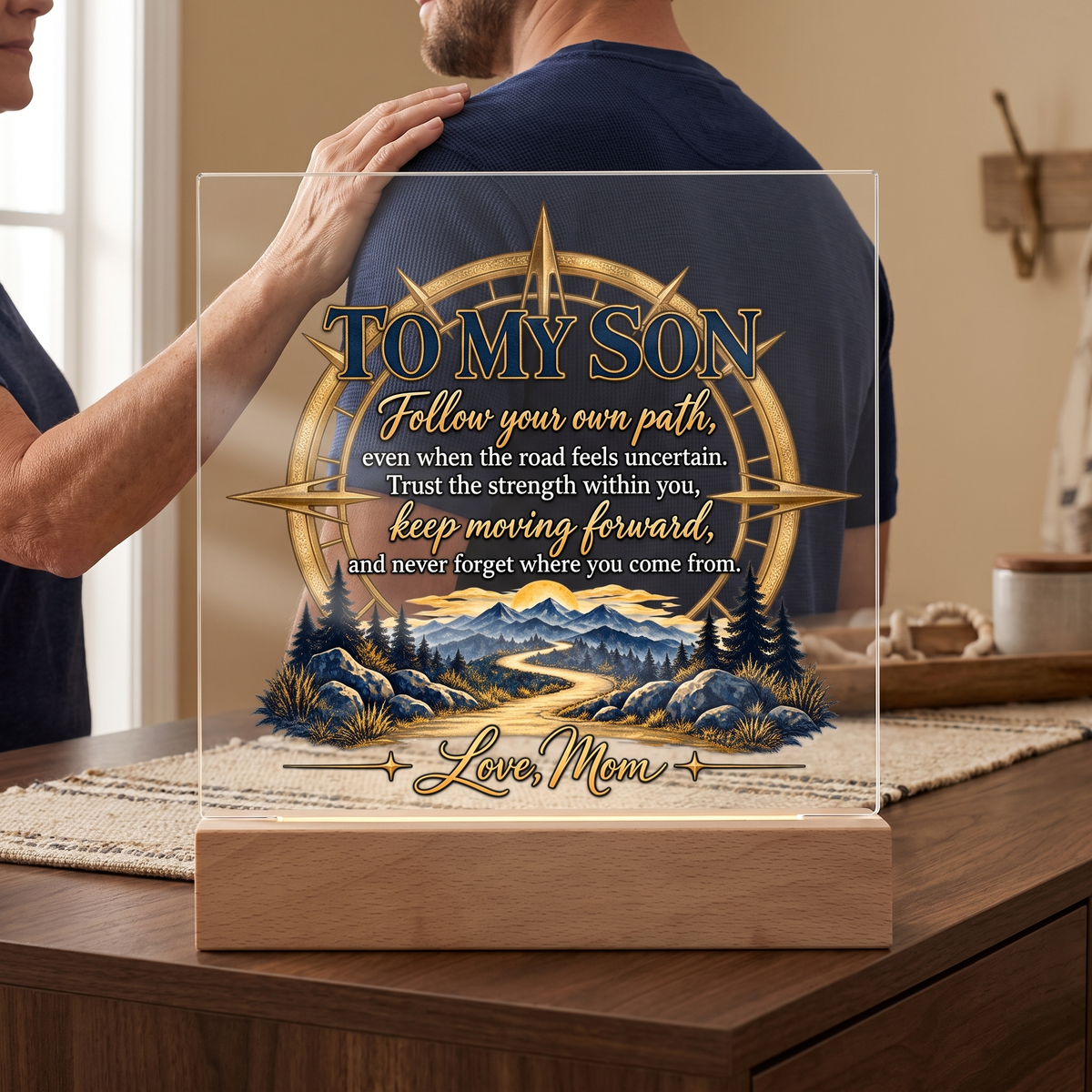 To My Son Compass Plaque, Inspirational Mom to Son Gift, Follow Your Own Path Acrylic Square Plaque, Encouragement Keepsake for Son