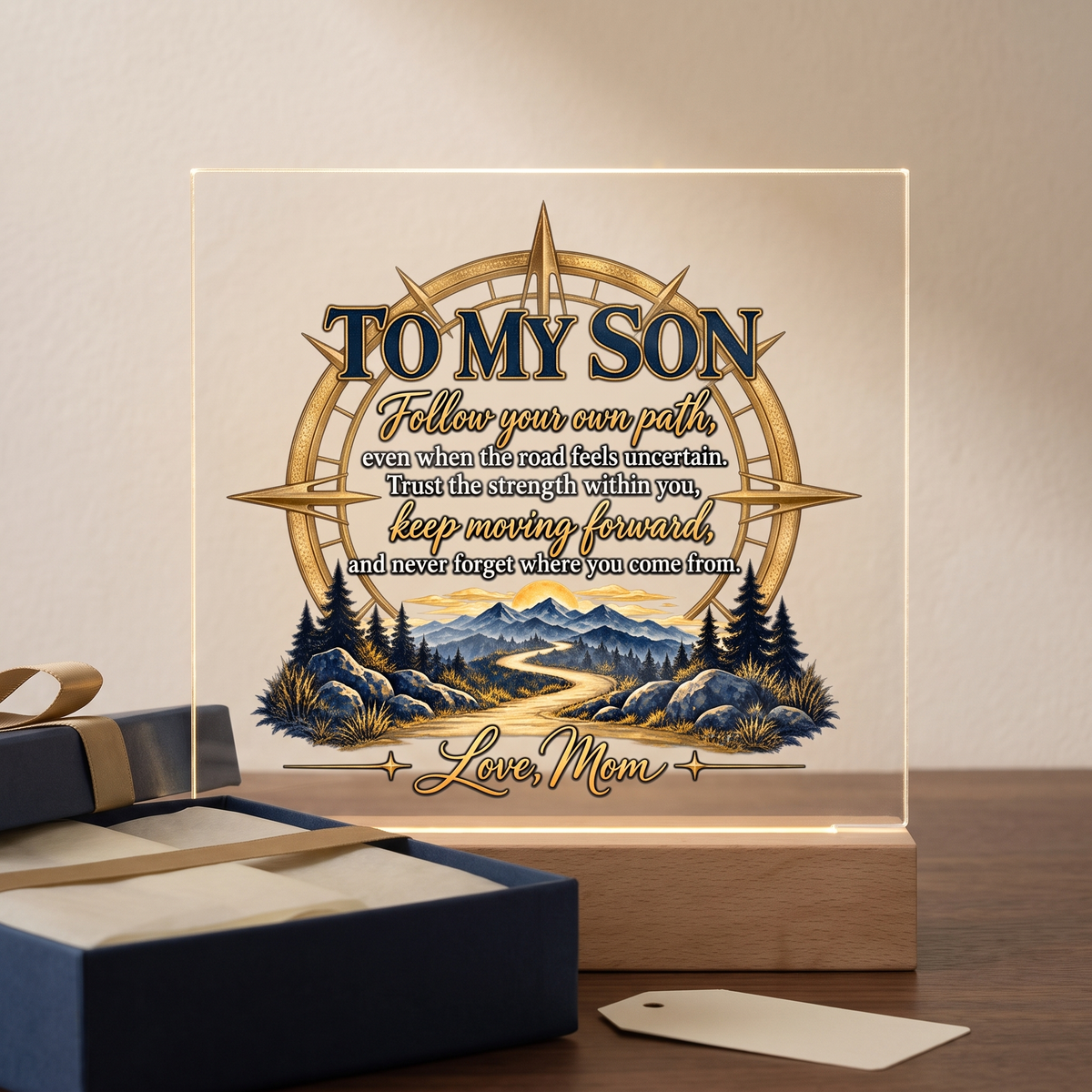 To My Son Compass Plaque, Inspirational Mom to Son Gift, Follow Your Own Path Acrylic Square Plaque, Encouragement Keepsake for Son