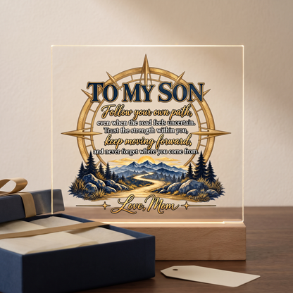 To My Son Compass Plaque, Inspirational Mom to Son Gift, Follow Your Own Path Acrylic Square Plaque, Encouragement Keepsake for Son