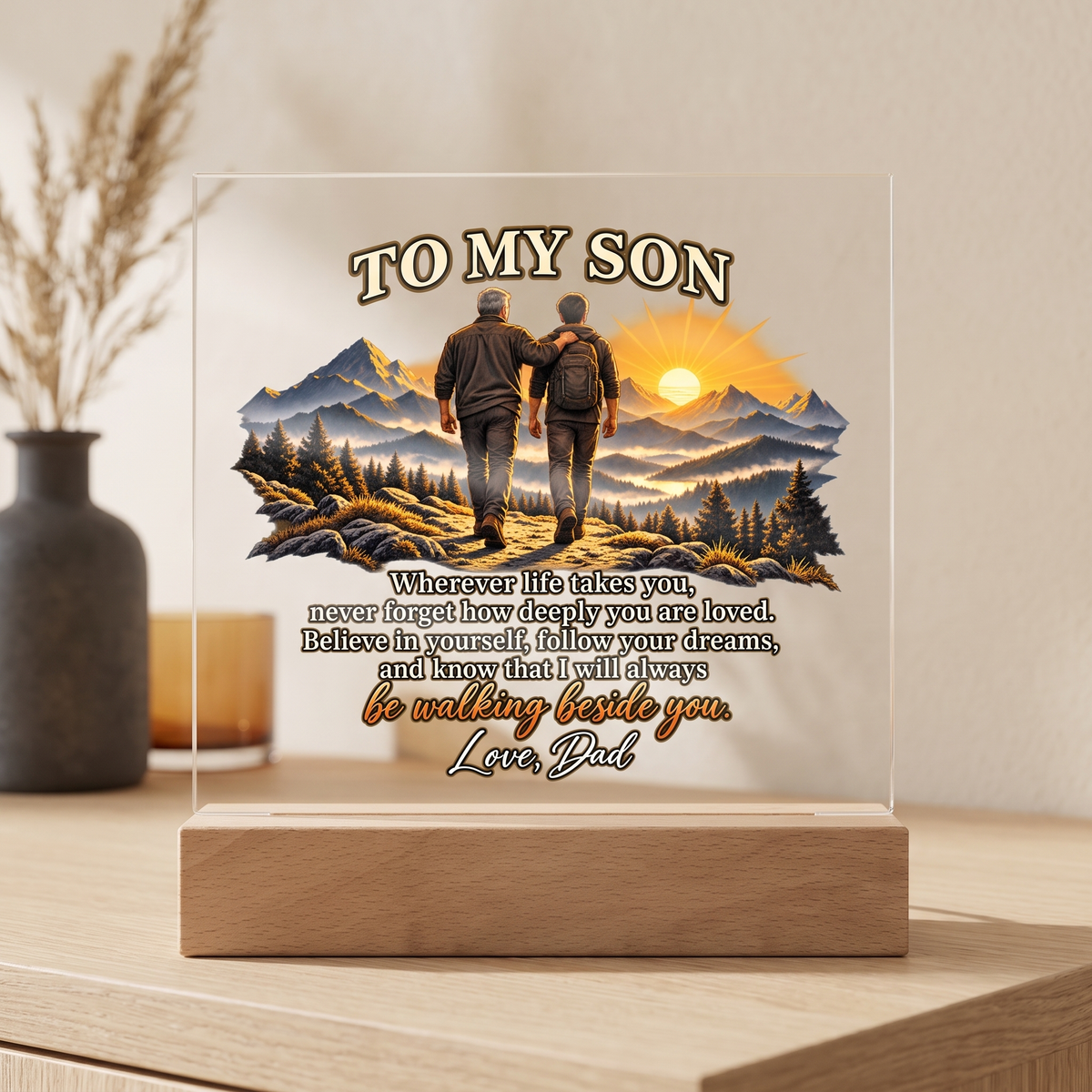 To My Son Acrylic Plaque, Dad to Son Gift, Inspirational Mountain Decor, Son Birthday Gift, LED Memorial Keepsake for Home or Office