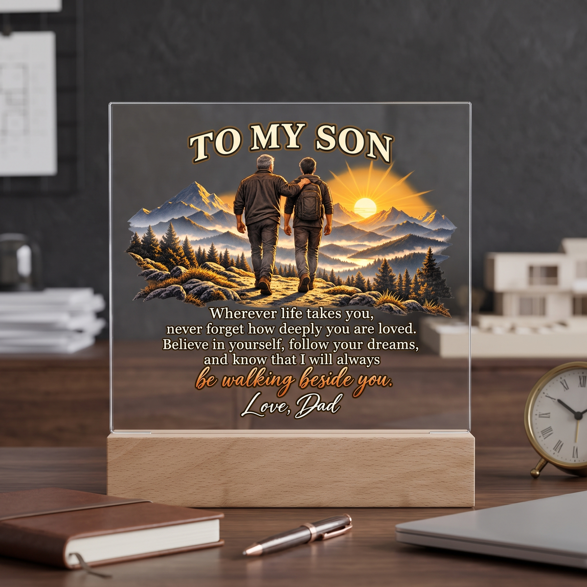 To My Son Acrylic Plaque, Dad to Son Gift, Inspirational Mountain Decor, Son Birthday Gift, LED Memorial Keepsake for Home or Office