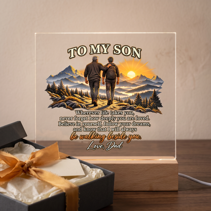 To My Son Acrylic Plaque, Dad to Son Gift, Inspirational Mountain Decor, Son Birthday Gift, LED Memorial Keepsake for Home or Office