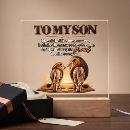 Lion Father and Son Plaque, Proud Mom Gift for Son, Inspirational Family Keepsake, Acrylic LED Memorial Decor, Meaningful Son Gift