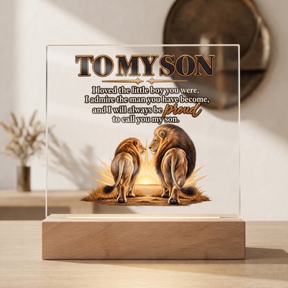 Lion Father and Son Plaque, Proud Mom Gift for Son, Inspirational Family Keepsake, Acrylic LED Memorial Decor, Meaningful Son Gift
