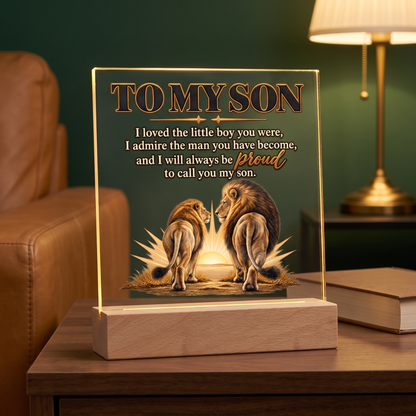 Lion Father and Son Plaque, Proud Mom Gift for Son, Inspirational Family Keepsake, Acrylic LED Memorial Decor, Meaningful Son Gift
