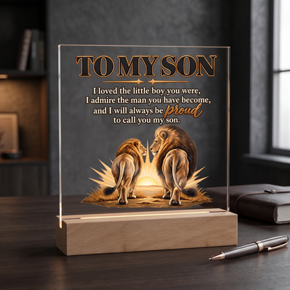 Lion Father and Son Plaque, Proud Mom Gift for Son, Inspirational Family Keepsake, Acrylic LED Memorial Decor, Meaningful Son Gift