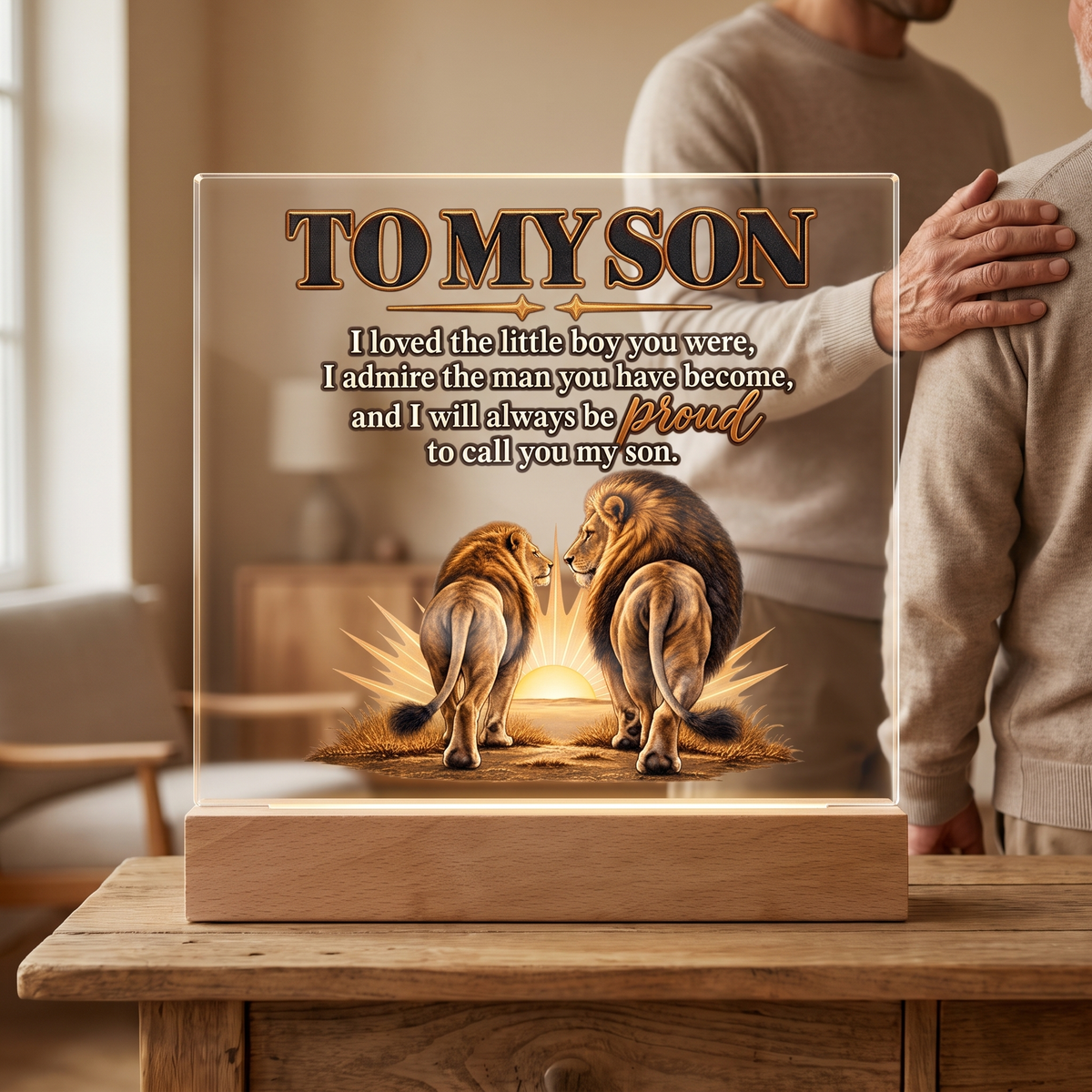 Lion Father and Son Plaque, Proud Mom Gift for Son, Inspirational Family Keepsake, Acrylic LED Memorial Decor, Meaningful Son Gift