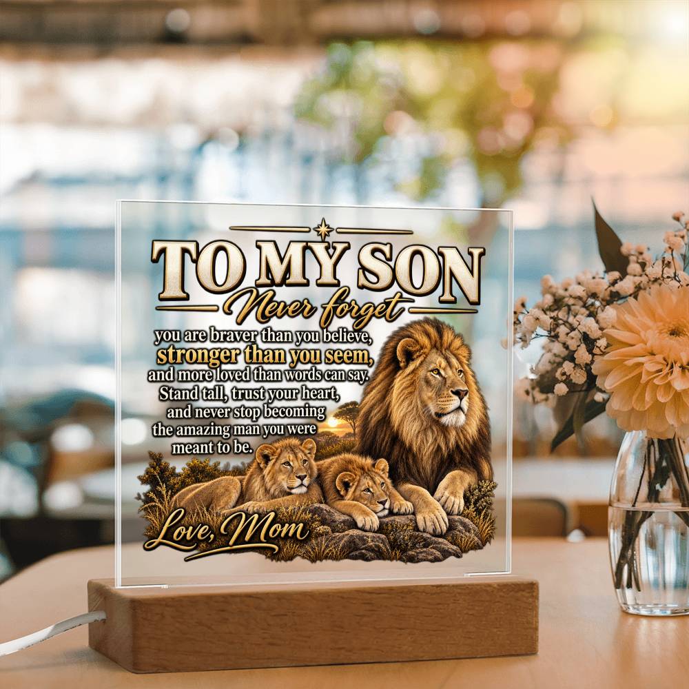 To My Son Lion Family Acrylic Plaque From Mom, Inspirational Son Gift, LED Light Up Decor, Meaningful Mother Son Keepsake, Dad? No
