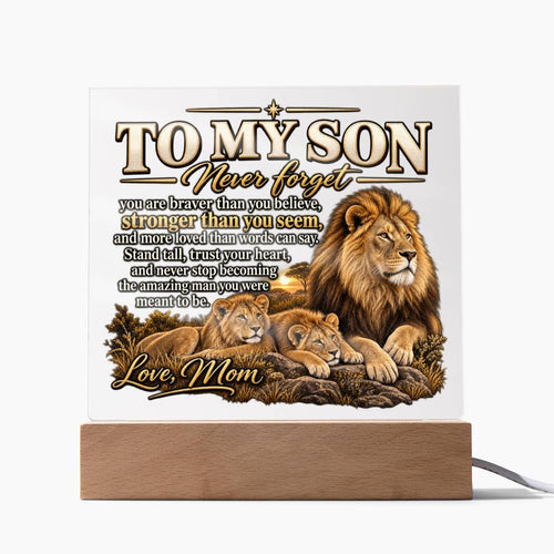 To My Son Lion Family Acrylic Plaque From Mom, Inspirational Son Gift, LED Light Up Decor, Meaningful Mother Son Keepsake, Dad? No