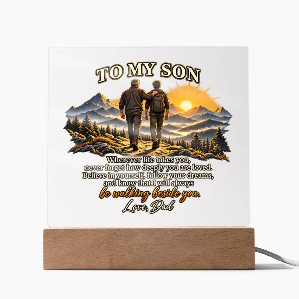 To My Son Acrylic Plaque, Dad to Son Gift, Inspirational Mountain Decor, Son Birthday Gift, LED Memorial Keepsake for Home or Office